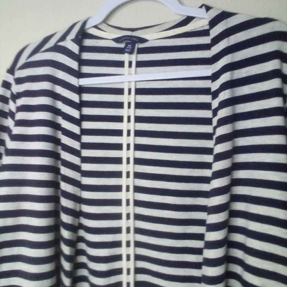 Lands' End Open Cardigan Women M 10-12 Long Sleeve Stripe Blue White